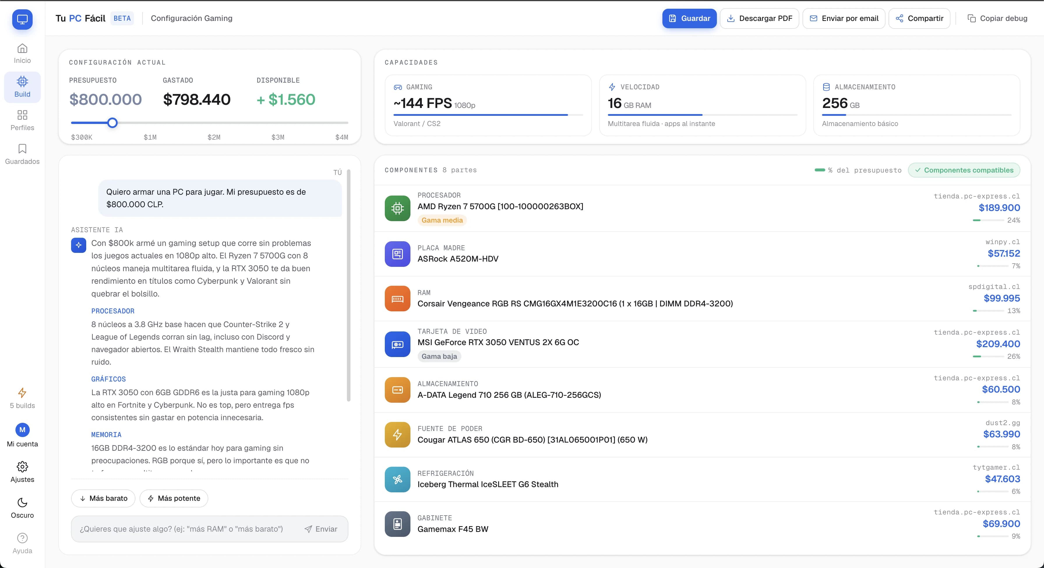 Pantalla del builder de Tu PC Fácil: presupuesto, capacidades, chat con la IA y lista de componentes con precios
